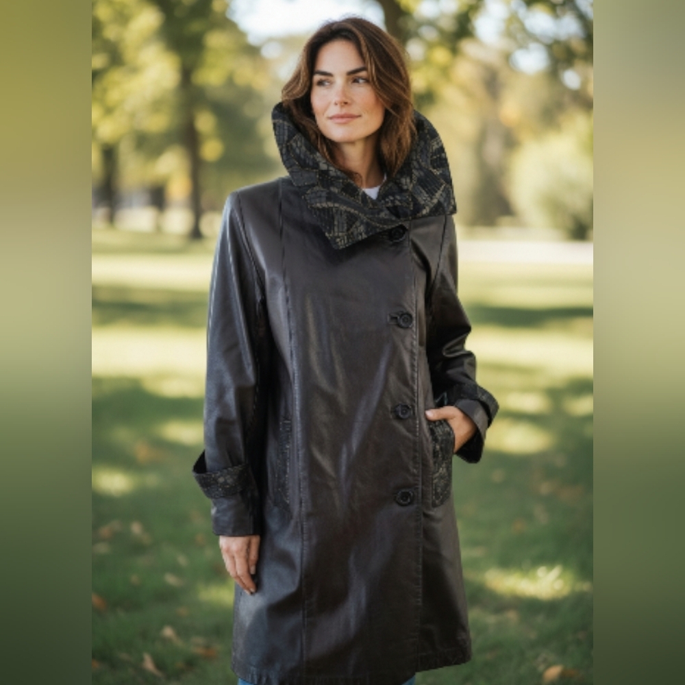 Women's REAL Leather Brown Trench Coat Large Collar Jacket
